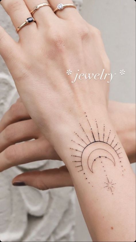 Delicate Boho Tattoos, Boho Bracelet Tattoo, Hand Tattoos For Women Moon, Celestial Wrist Tattoo, Moon Bracelet Tattoo, Hand Moon Tattoo, Brown Tattoos, Bracelet Tattoos For Women, Brown Tattoo Ink