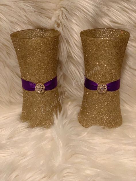 Rustic Purple Wedding, Table Centerpiece Wedding, Purple And Gold Wedding, Ivory Candles, Gold Centerpieces, Centerpiece Wedding, Gold Bridal Showers, Silver Bling, Glass Centerpieces