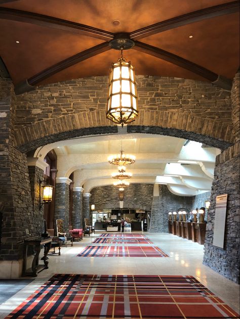 Inside the beautiful lobby of the historic Banff Springs Hotel in Alberta, Canada. Fantasyland Hotel, Banff Summer, Banff Springs Hotel, Fairmont Banff Springs, Fairmont Banff, Spring Interiors, Travel Postcard, Summer Trip, Hotel Interior