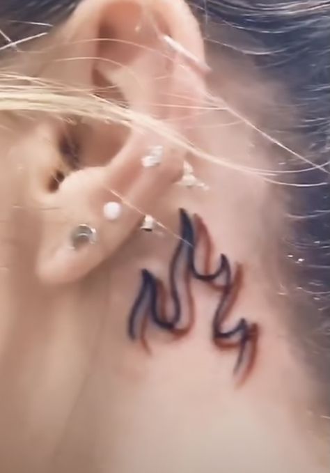 Flame Behind Ear Tattoo, Flame Tattoo Behind Ear, Twin Flames Tattoo, Twin Flame Tattoo, Flames Tattoo, Tats Ideas, Flame Tattoo, Side Neck Tattoo, Twin Flame Art