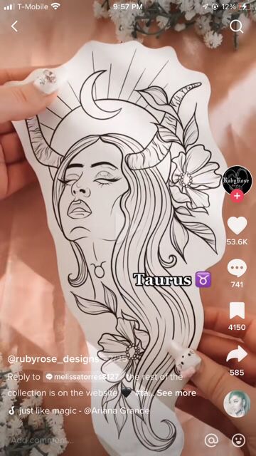 Taurus Women Tattoo, Taurus Goddess Tattoos For Women, Taurus Woman Tattoo, Taurus Goddess Tattoo, Taurus Tattoo For Women, Taurus Goddess, Corpse Bride Tattoo, Bride Tattoo, Taurus Tattoos