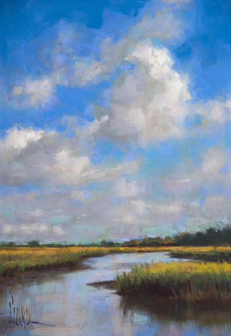 Marsh Pictures, Painterly Landscapes, Skies Painting, Cloud Paintings, Landscape Pastel, Colorful Landscape Paintings, Pastel Landscape, Pastel Paintings, Landscape Art Painting