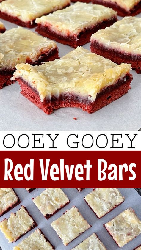 Looking for a delicious and easy red velvet recipe? Try these Red Velvet Ooey Gooey Bars made with cake mix, cream cheese, and just a few other simple ingredients. Perfect for special occasions or as an indulgent treat any time! Ooey Gooey Chocolate Bars, Red Velvet Ooey Gooey Cookies, Red Velvet Squares, Easy Red Velvet Recipes, Red Velvet Chess Squares, Red And Yellow Desserts, Ooey Gooey Cake Recipe, Red Velvet Ooey Gooey Cake, Red Velvet Bars Cream Cheese