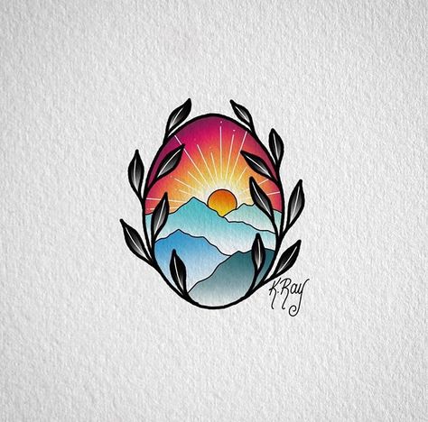 Kevin Ray's Work <3 Colorful Sunrise Tattoo, Traditional Sunrise Tattoo, Sun Set Tattoo Design, Sunrise Tattoo Design, Nature Landscape Tattoo, Sunrise Tattoo Color, Sun Set Tattoo, Sun Tattoo Color, Sunrise Tattoos