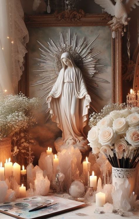 Sacred Alter Ideas, Spiritual Altar Aesthetic, Alter Ideas Spiritual Catholic, Divine Feminine Altar, Virgin Mary Altar Decoration, Altar Ideas Catholic, Alters Spiritual Ideas, Shaman Altar, Home Altar Catholic Beautiful