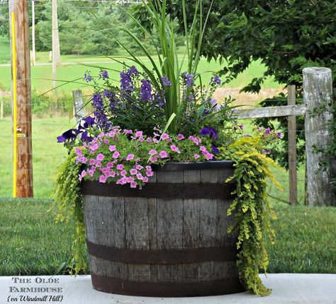 Barrel planter  from The Olde Farmhouse on Windmill Hill Whiskey Barrel Ideas Planters, Whiskey Barrel Planter Flowers, Whiskey Barrel Planter Ideas, Colorado Gardening, Building A Stone Wall, Gaudi Art, Barrel Flowers, Whiskey Barrel Planter, Wine Barrel Planter