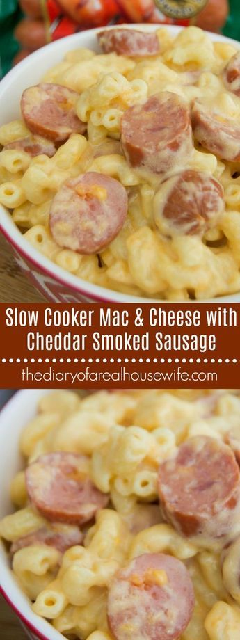 Easy and oh so cheesy! This Slow Cooker Mac and Cheese with Cheddar Smoked Sausage is a recipe that the entire family is sure to love. https://www.thediaryofarealhousewife.com/slow-cooker-mac-cheese-cheddar-smoked-sausage/ #EverydayEckrich @eckrichmeats [AD] Pasta Bake Crockpot, Slow Cooker Pasta Bake, Sausage Crockpot Recipes, Slow Cooker Mac Cheese, Slow Cooker Mac And Cheese, Sausage Slow Cooker, Crockpot Mac N Cheese Recipe, Cheese Ideas, Sausage Crockpot