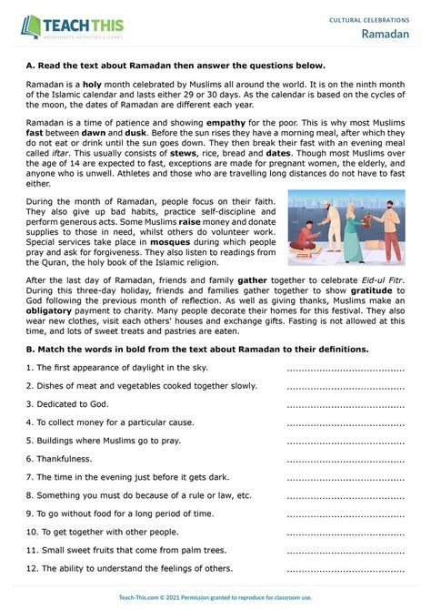 ESL Ramadan Worksheet - Reading, Matching and Writing Exercises- Upper-intermediate (B2) - 25 minutes In this Ramadan worksheet, students learn about the Muslim holiday Ramadan and its associated vocabulary. Ramadan Worksheet, Unseen Passage, Muslim Holidays, Ramadan Celebration, Muslim Culture, Ramadan Activities, Esl Activities, Esl Resources, English Story