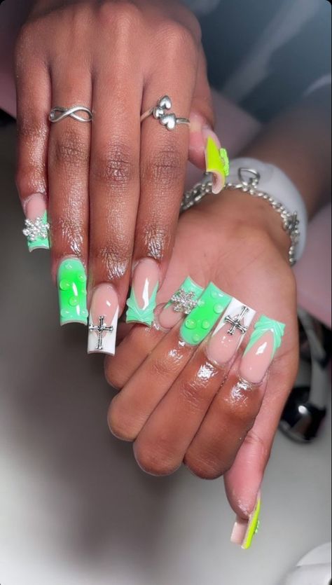 Mint Green Acrylic Nails, Junk Nails, Spring Acrylic Nails, Hard Nails, Fancy Nails Designs, Colored Acrylic Nails, French Tip Acrylic Nails, Simple Acrylic Nails, Exotic Nails