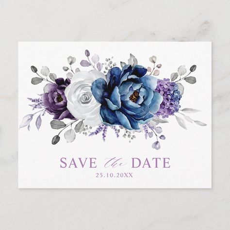 Dusty Blue Slate Navy Floral Wedding Save the Date Postcard | #watercolorfloralbouquetdustyblue #trendyrusticcountrybarnwinter #botanicalvintagespringwedding #eucalyptusgreeneryleavesmid-summer #sophisticatedthemedbrightchicroses #softwildfloweroutdoorbohobohemian #simplelightgreyflowerstemplate #uniquemonogramshadesstylestylish #moderngardenroseblackfoliage #lavendernavypurpleslate Purple And Blue Wedding Theme, Navy Blue Wedding Theme, Blue Purple Wedding, Rustic Wedding Save The Dates, Rustic Save The Dates, Save The Date Postcard, Blue Themed Wedding, Future Wedding Plans, Save The Date Postcards