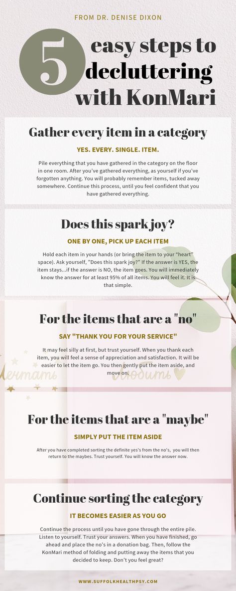 This infographic walks you through the 5 easy steps to sort through each KonMari category as you declutter your home. Check out the complete article! Konmari List, Organization Categories, Decluttering Categories, Declutter Categories, Marie Kondo Method, Organization Infographic, Sort Your Life Out, Kon Mari, Mari Kondo Organizing