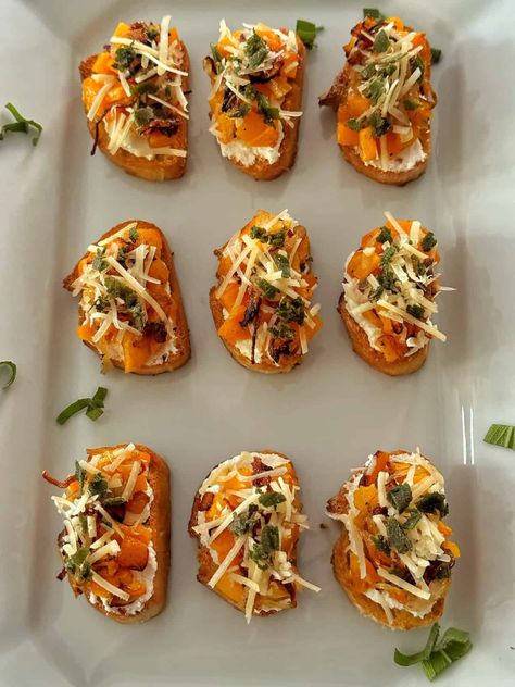 Savory and Sweet Butternut Squash Crostini Squash Crostini, Appetizer Sweet, Fall Appetizer, Fall Appetizers, Sage Butter, Toast In The Oven, Sliced Baguette, Pumpkin Butter, Roasted Butternut