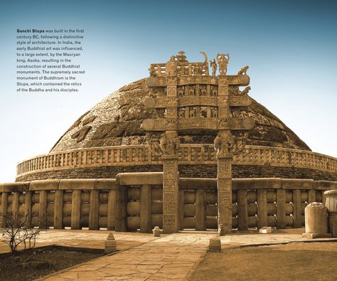 Sanchi Stupa was built in the first century BC and is located at Sanchi Town, Madhya Pradesh, India. Great Stupa At Sanchi, Sanchi Stupa, Architecture Structure, Architecture Representation, History Of Architecture, Indian Sculpture, Student Hacks, Structure Architecture, Madhya Pradesh