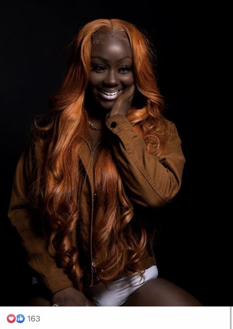 Dark Skin Women With Ginger Hair Color, Ginger Wigs For Black Women Dark Skin, Orange Wig Black Women, Color Wigs For Black Women Dark Skin, Ginger Hair On Dark Skin Black Women, Orange And Black Braids, Ginger On Dark Skin, Dark Skin With Colored Hair, Ginger Wig On Dark Skin