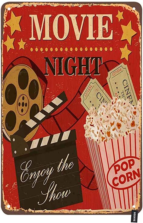 HOSNYE Movie Night Poster Tin Sign Enjoy The Show with Popcorn Red Background Vintage Metal Tin Signs for Men Women Wall Art Decor for Home Bars Clubs Cafes 8x12 Inch Vintage Movie Night, Movie Night Poster, Valentines Blanket, Bars And Clubs, Plate Wall Decor, Life Poster, Retro Wall Decor, Vintage Metal Signs, Background Vintage