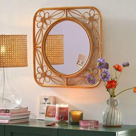 10 Stylish Rattan Mirrors We Love 2023 | Apartment Therapy Room Mirror Ideas, Wall Hanging Decorations, Mirror Wall Hanging, Stripe Wall, Boho Mirror, White Wood Wall, Boho Space, Bamboo Mirror, Floral Room