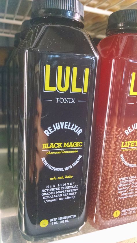 Luli Tonix charcoal lemonade, with activated charcoal. Sure stands out on the shelf! Charcoal Lemonade, Dream Restaurant, Lemonade Recipe, Drink More Water, Juice Recipes, More Water, Activated Charcoal, Coffee Bottle, Juicing Recipes