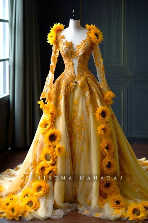 Sunflower Prom Dress, Yellow Fantasy Outfit, Sunflower Dress Aesthetic, Sunflower Costume For Women, Sunflower Wedding Dress, Sunflower Gown, Sunflower Clothes, Vishma Maharaj, Sunflower Costume