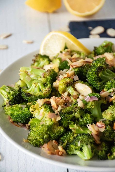 Crispy Roasted Broccoli Almondine (AKA Broccoli Amandine) Crispy Broccoli, French Diet, Broccoli Sauteed, Frozen Broccoli, Fresh Broccoli, Different Vegetables, Roasted Broccoli, Toasted Almonds, Seasonal Recipes