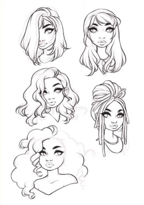 Hair Artstyle Drawing, Fluffy Hair Ideas Drawing, Unique Hairstyle Drawing, Wavy Hair Styles Drawing, Wavy Hairstyles Drawing Reference, Cute Cartoon Hairstyles, Black Hairstyles Drawing Reference Women, Cartoon Hairstyles Reference, Big Hair Reference