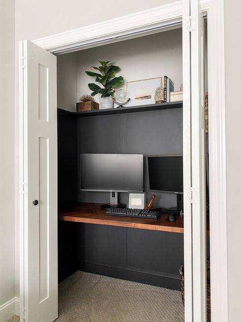 Closet Office With Doors, Diy Closet Desk Ideas, Office In Wardrobe, Floating Desk In Closet, Cloffice Lighting, Home Office In Closet Ideas, Moody Office Guest Bedroom, Gaming Desk In Closet, Wardrobe Desk Combo