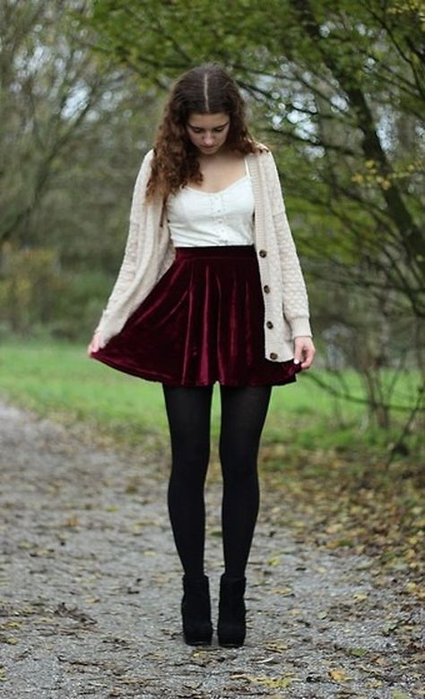 d9731321ef4e063ebbee79298fa36f56 Maroon Dress Fall Outfit, Maroon Velvet Skirt Outfit, Red Velvet Skirt Outfit, Maroon Dress Casual, Maroon Outfit Ideas, Maroon Outfits, Burgundy Skirt Outfit, Velvet Skirt Outfit, Skirt Outfit Winter