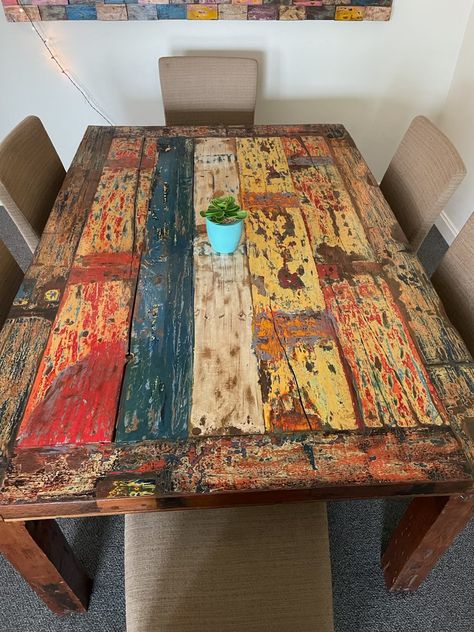 Rustic Painted Table, Multi Color Furniture, Wood Table Paint Ideas, Southwest Decorating Ideas, Table Painting Ideas Colorful, Upcycled Pallets, Floating Nightstand Ideas, Rustic Painted Furniture, Modern Floating Nightstand