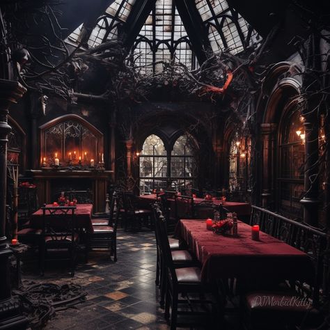 Gothic Restaurant Interior Design, Gothic Cafe Interior, Witch Cafe Aesthetic, Goth Coffee Shop, Goth Restaurant, Industrial Gothic Interior, Gothic Tavern, Dark Restaurant Aesthetic, Gothic Cafe