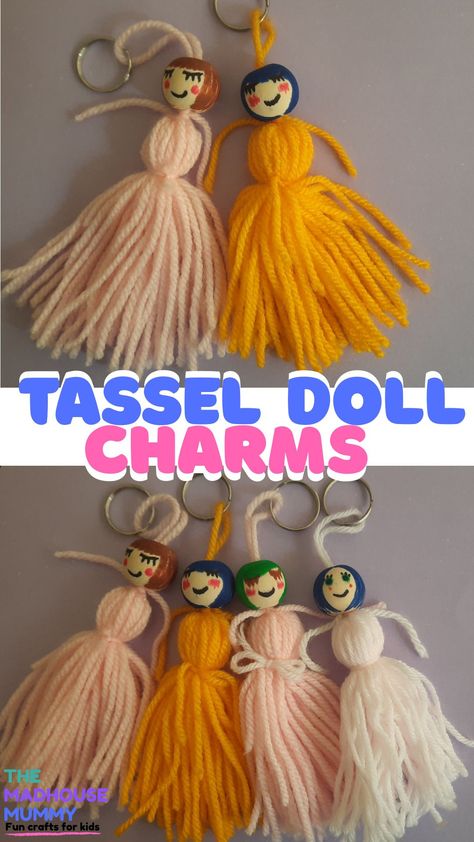 Easy guide on how to make yarn tassel dolls. Diy bag charm/keyring craft best suited for children aged six and upwards. #craftsforkids #handmadecharmcraft #handmadegift #howtomakeyarntassels #yarncraftsforkids How To Make Tassel Dolls, Tassel Dolls Diy, Tassel Dolls, Crafternoon Ideas, Diy Bag Charm, Keyring Craft, Diy Yarn Dolls, Dolly Madison, Homemade Shoes