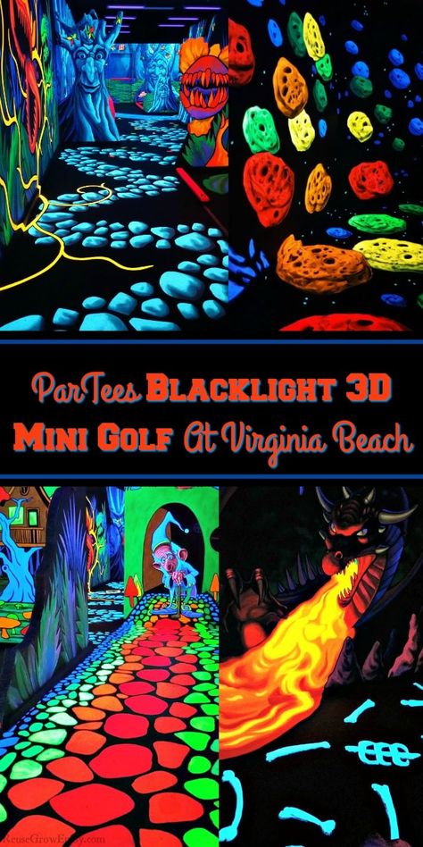 Headed to Virginia Beach? We visited ParTees Blacklight 3D Mini Golf At Virginia Beach and it is so much fun! I have lots of pictures to share with you Indoor Putt Putt, Blacklight Mini Golf, University Interior Design, Mini Putt, Indoor Mini Golf, Adventure Golf, 80s Theme Party, Technology Art, Miniature Golf Course