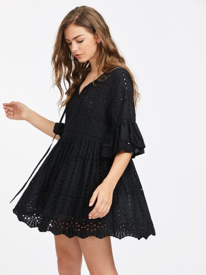 Three Quarter Sleeve Dresses, Boho Dresses Long, Mode Boho, Boho Mini Dress, Fashion Attire, Smock Dress, Tie Neck, Long Sleeve Mini Dress, Featuring Dress