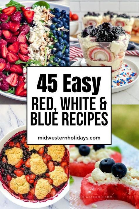 Looking for fun red, white, and blue recipe ideas for your patriotic celebration? Wow your guests with dazzling red, white, and blue recipes bursting with patriotic colors. This round-up of tried-and-true red, white, and blue food ideas includes appetizers, snacks, desserts, sides, and more patriotic recipes for your Memorial Day, 4th of July, or Labor Day get-togethers. Labor Day Fruit Ideas, Red White And Blue Dinner, Veterans Day Food Ideas, Red White And Blue Recipes, Labor Day Recipes Ideas, Red White Blue Food Ideas, Red White And Blue Food Ideas, Labor Day Dessert Ideas, Labor Day Snacks