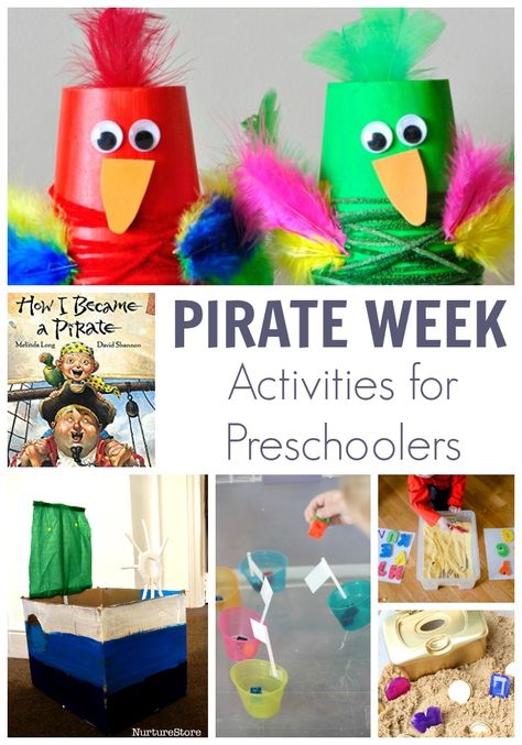 Pirate Week Activity Plan for Preschoolers inspired by the book How I Became a Pirate. Featuring 5 simple play, learn and create activities for a fun week. How I Became A Pirate, Pirate Projects Preschool, Pirates And Mermaids Preschool Activities, Pirates Kindergarten Activities, Pirate Curriculum Preschool, Pirate Day Preschool Activities, Pirate Ideas For Preschool, How I Became A Pirate Activities, Kindergarten Pirate Day