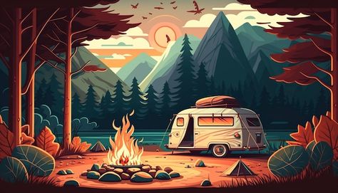 Photo camping-car avec barbecue table pl... | Premium Photo #Freepik #photo #caravane #camping-car #camper-van #campeur Camper Illustration, Barbecue Table, Camping Illustration, Air Nature, Camping Pics, Camper Hacks, Mountain Background, Iphone Wallpaper Glitter, Car Camper