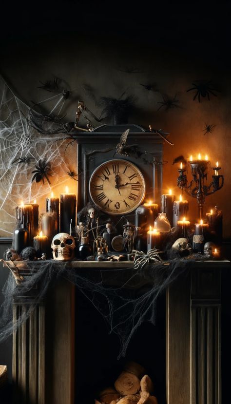 Halloween Witch House Decor, Haunted Witch House, Clue Halloween Decorations, Spooky Decor Ideas, Halloween Dinner Setup, Halloween Setup Ideas, Halloween Fireplace Ideas, Haunted Victorian Aesthetic, Halloween Decor Vintage