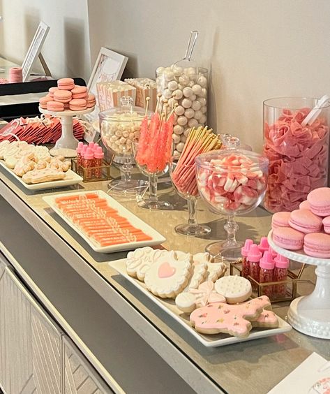 Sweet Table in a Box Baby Shower Candy Table Dessert Table in a Box All Inclusive Sweet Table Bundle - Etsy Birthday At A Restaurant Decor, Macaroon Dessert Table, Baby Shower Boxes Decorations, Sweets Bridal Shower Theme, Preppy Candy Bar, Pink Treat Table Ideas, Candy Bar Set Up, Pink Sweets Table, Sweet One Dessert Table