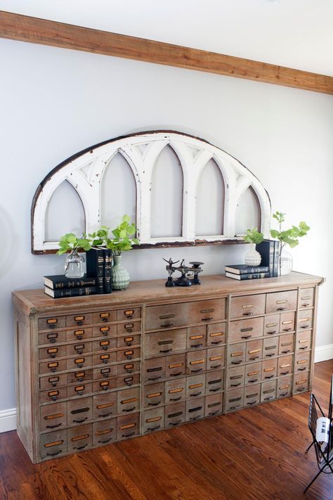 Fixer Upper: Plain Gray Ranch Made Bright and Spectacular | HGTV's Fixer Upper With Chip and Joanna Gaines | HGTV Upper Window, Apothecary Chest, Farmhouse Entryway, Entryway Mirror, Apothecary Cabinet, Chip And Joanna Gaines, Country Style Homes, Country House Decor, Window Frames