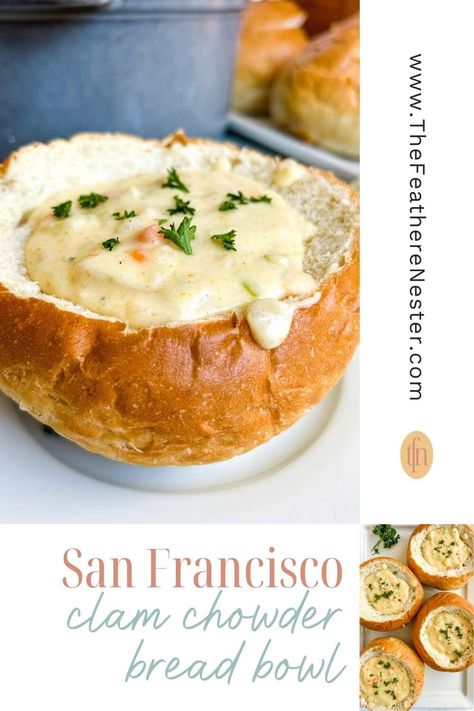 For the best west coast clam chowder bread bowl, make our simple San Francisco clam chowder recipe. Enjoy a creamy soup in rustic sourdough! Copycat Earls Clam Chowder, Soup With Bread Bowl, What To Serve With Clam Chowder, Soup For Bread Bowls, Claim Chowder Recipe, Best Soups For Bread Bowls, Low Cal Clam Chowder, San Francisco Clam Chowder Recipe, Clam Chowder In Bread Bowl