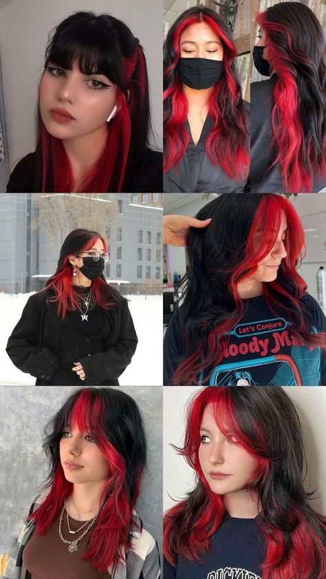 Red Undercolor Hair, Layered Hair With Color, Halo Vivid Hair Color, Dyed Fringe Only, One Section Of Hair Dyed, Red And Brown Ombre Hair, Inner Colour Hair, Money Piece With Red Hair, Short Black Hair With Red Highlights