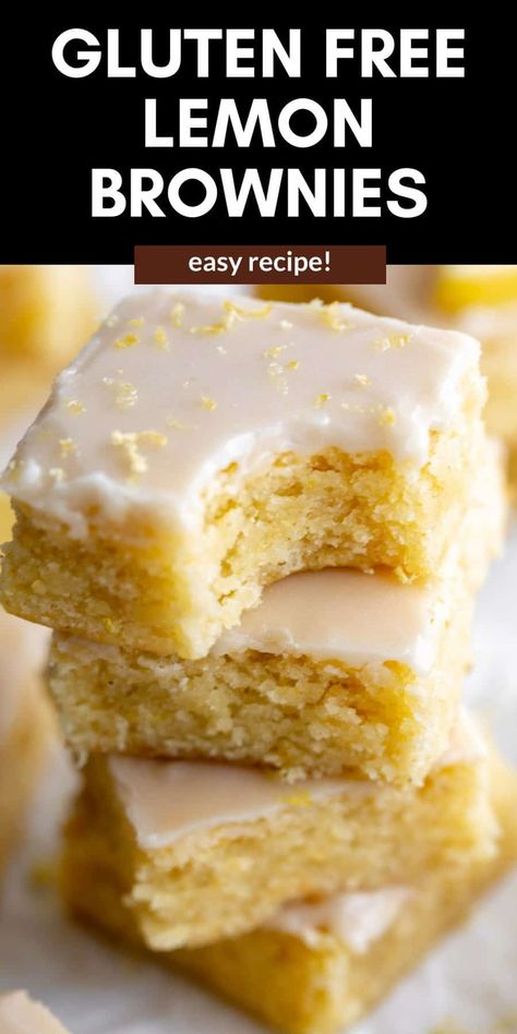 These gluten free lemon brownies are fudgy, easy to make, with a tangy lemon glaze. These dairy free friendly brownies are the perfect dessert. Gluten Free Lemon Brownies Recipe, Gf Lemon Brownies, Gluten Free Lemon Dessert Recipes, Small Gluten Free Desserts, Dairy Free And Gluten Free Recipes Desserts, Dairy Free Gf Dessert, Soy Free Dessert Recipes, Gluten Free Lemon Brownies, Gluten Free Lemon Bars Recipe