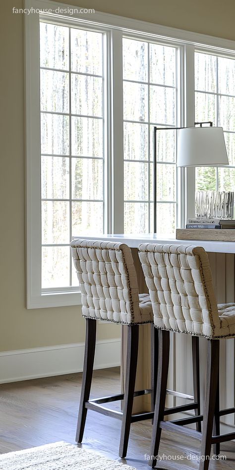 The combination of smooth wood and textured metal makes these bar stools a great fit for a farmhouse-inspired kitchen island. Kitchen Interior Design Modern, Farmhouse Interior, Island Design, Functional Kitchen, Kitchen Cabinet Design, Kitchen Space, Interior Design Kitchen, Kitchen Interior, Rustic Charm