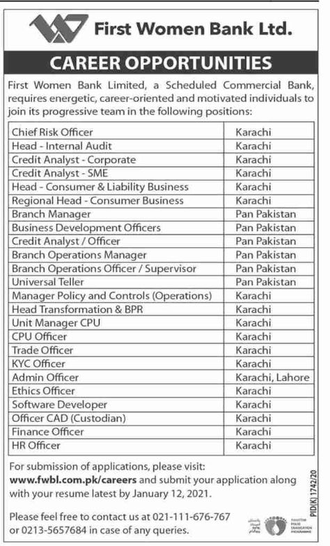 Introduction To Jobs & Organization First Women Bank Limited FWBL Jobs 2021 are announced for various vacant positions to fulfill with qualified and professional individuals. First Women Bank is a commercial bank with head office in Karachi is established to meet the needs of women. Read the complete page of Parho Pakistan to understand the- Apply Now The post First Women Bank Limited FWBL Jobs 2021 appeared first on Parho Pakistan - Latest Jobs in Pakistan. Credit Analyst, Internal Audit, Commercial Bank, Bank Jobs, Head Office, Jobs In Pakistan, Career Opportunities, Important Dates, Apply Online