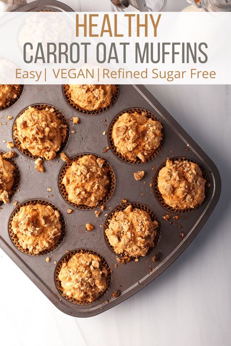 My vegan carrot muffins are the make-ahead vegan breakfast you need! These delightfully fluffy and flavorful pastries are full of protein and fiber AND made without any refined sugars. Carrot Muffins Dairy Free, Vegan Carrot Muffins, Muffins Protein, Healthy Carrot Muffins, Flax Muffins, Carrot Muffins, Vegan Muffins, Oat Muffins, Refined Sugar Free