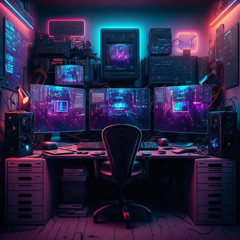 Cluttercore Bedroom, Cluttered Bedroom Aesthetic, Hacker Room, Cyberpunk Room, Room Oasis, Cluttered Bedroom, Evelynn League Of Legends, Bedroom Aesthetics, Home Studio Setup