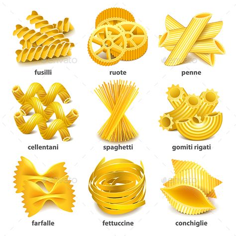 Pasta Types Icons Detailed Photo Realistic Vector Set Zip file includes: - eps10, editable vector- high-resolution jpg- layered r Culinary Lessons, Types Of Pasta, Pasta Art, Pasta Varieties, Pasta Penne, Pasta Types, Dining Etiquette, Food Info, Pasta Shapes