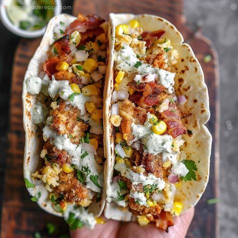 Meals With Fried Chicken, Fried Chicken Street Corn Tacos, Corn Tacos Recipe, Chicken Street Corn, Street Corn Tacos, Recipe For Fried Chicken, August Recipes, Fried Chicken Taco, Corn Tacos