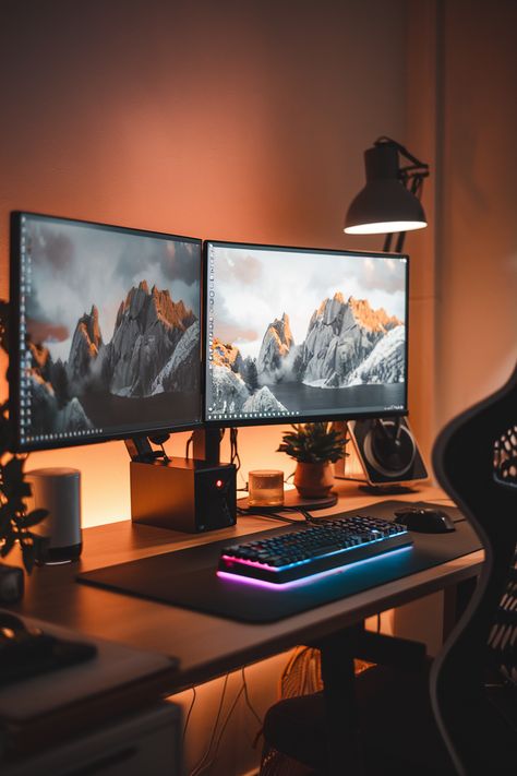 Dual Monitors Desk and 34 More Gaming-Work Ideas Sleek Gaming Setup, Desk Ideas With Monitor, Minimalist Game Room, Corner Gaming Setup, Dual Monitor Desk Setup, Two Monitor Desk Setup Office, Apartment Home Office Ideas, Minimalistic Desk Setup, Best Dual Monitor Setup