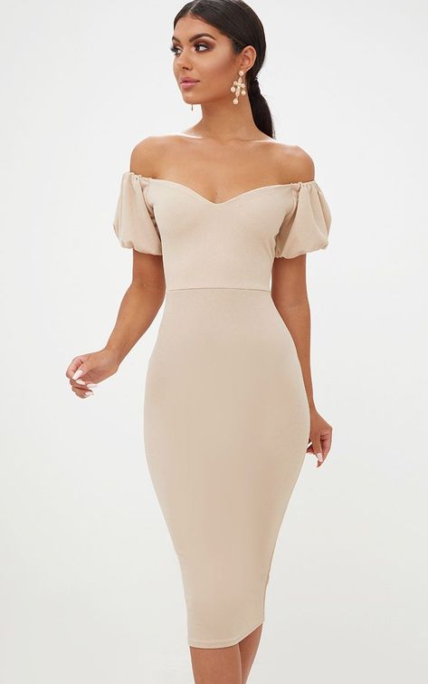 Image Bardot Midi Dress, Nude Dress, Balloon Sleeve Dress, Classy Dress, Mother Of The Bride Dresses, Primavera Estate, Guest Dresses, Simple Dresses, Bride Dress