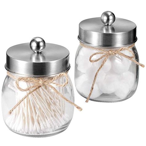 AmazonSmile: SheeChung Apothecary Jars Set,Mason Jar Decor Bathroom Vanity Storage Organizer Canister,Glass Qtip Holder Dispenser for Qtips,Cotton Swabs,Ball - Stainless Steel Lid/Brushed Nickel (2-Pack): Home & Kitchen Chanel Bathroom Decor Ideas, Bathroom Apothecary, Rustic Farmhouse Bathroom Ideas, Mason Jar Toothbrush Holder, Bathroom Vanity Storage, Mason Jar Soap Dispenser, Mason Jar Bathroom, Foam Soap Dispenser, Jar Decor