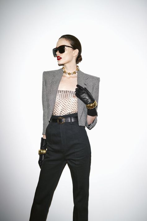 Ysl Outfits Women, Shoulder Pads Fashion, Saint Laurent Outfit, Ysl Outfit, Ysl Aesthetic, Summer 22, Anthony Vaccarello, Crop Jacket, High Waisted Pants